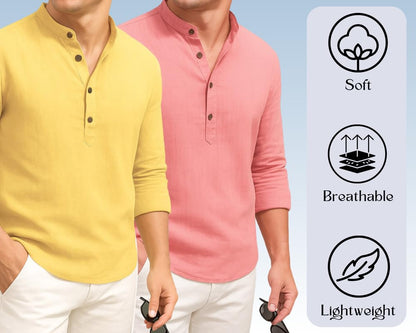 Deelmo Combo Of MenS Cotton Blend Solid Regular Fit Full Sleeve Short Kurta | MenS Trendy Short Kurta Pack Of 2