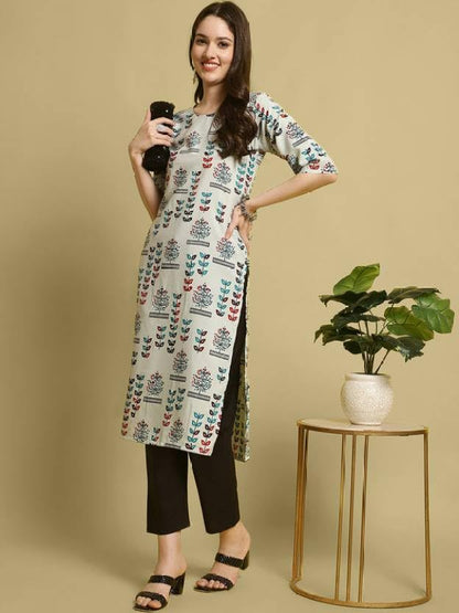 PATLANI Womens A-Line-Calf langth Half Sleeve Crepe Kurti. Grey