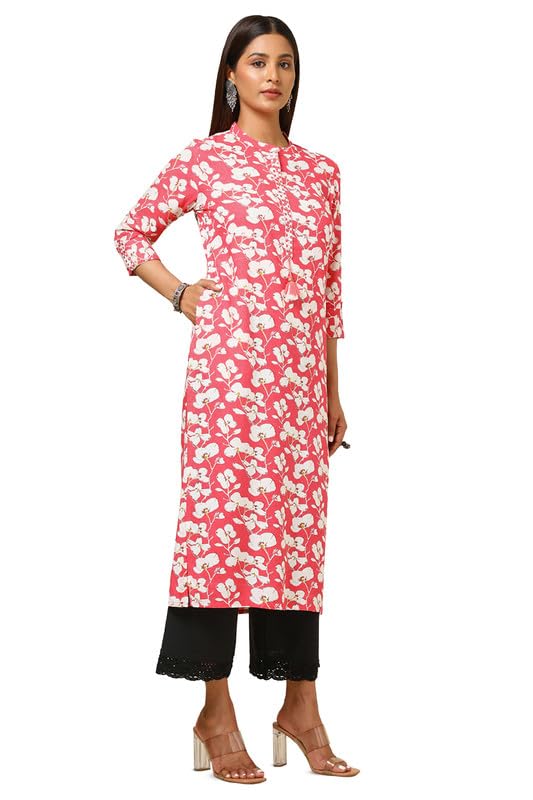 Soch Womens Pink Rayon Floral Print Kurta With Faux Mirror