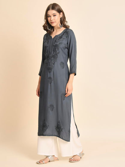 VAIRAGEE Womens Rayon Straight Cut Round Neck Kurta with Beautiful Lucknowi Chickenkari Work (1593) Grey