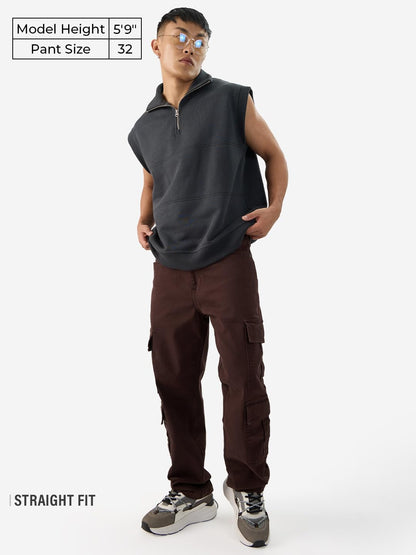 The Souled Store Solids: Decadent Chocolate Straight Fit Cotton Cargo Jeans - Elevate Your Style with Versatile Comfort for Men
