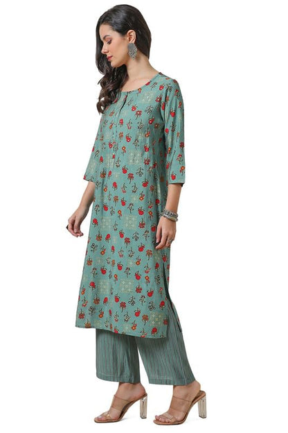 Soch Womens Turquoise Blue Muslin Blend Floral Print Kurta Set With Faux Mirror