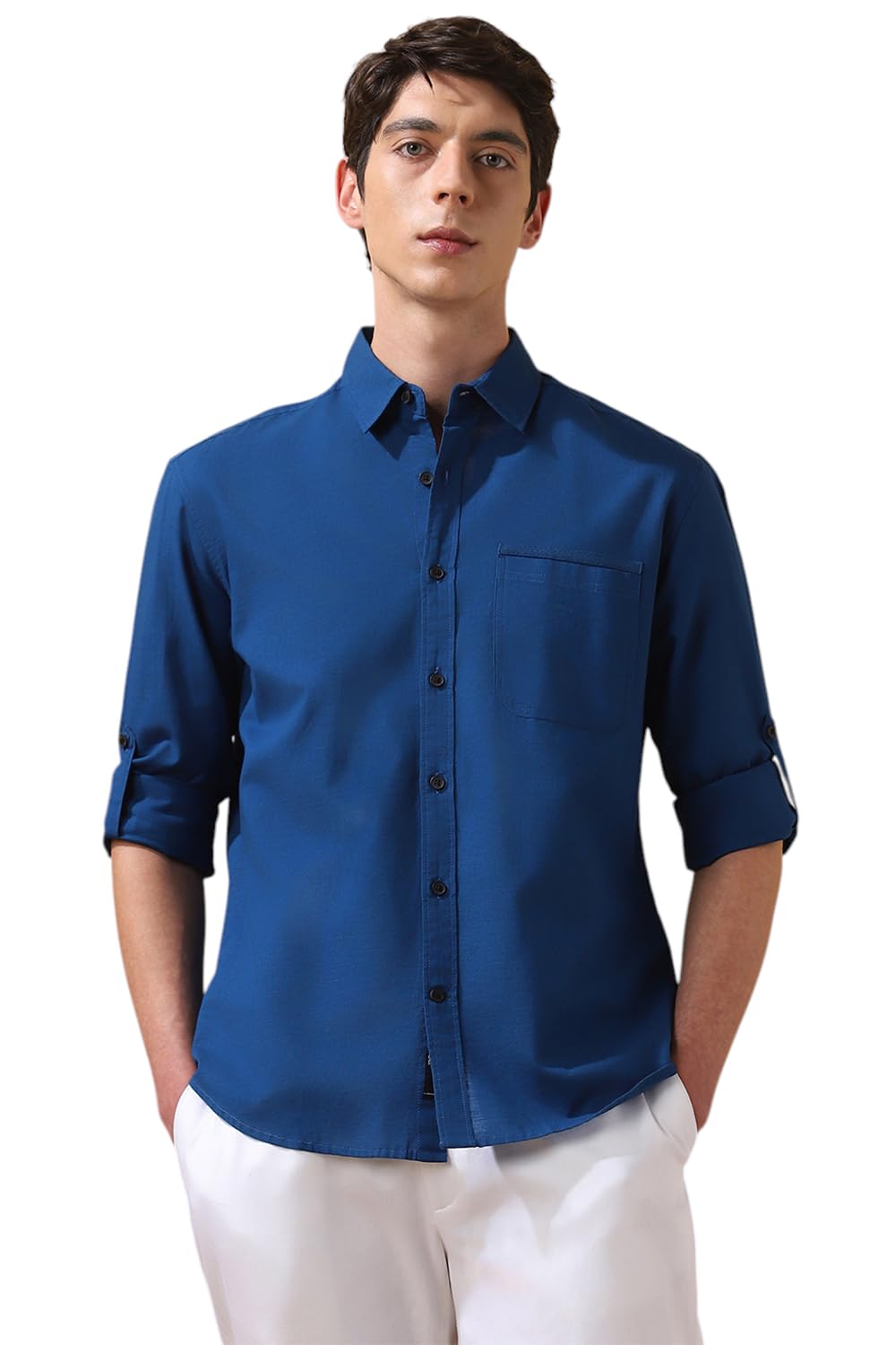 Dennis Lingo Men Solid Cotton Slub Spread Collar Full Sleeves Regular Fit Shirt Teal Blue