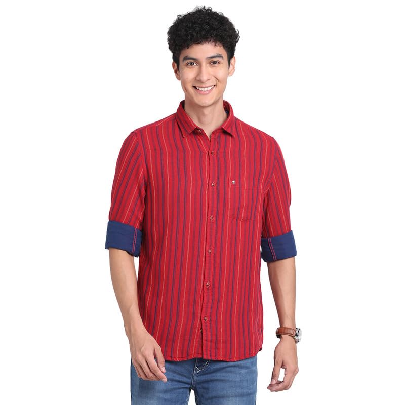 Turtle Men 100% Cotton Orange Striped Slim Fit Full Sleeve Casual Shirt