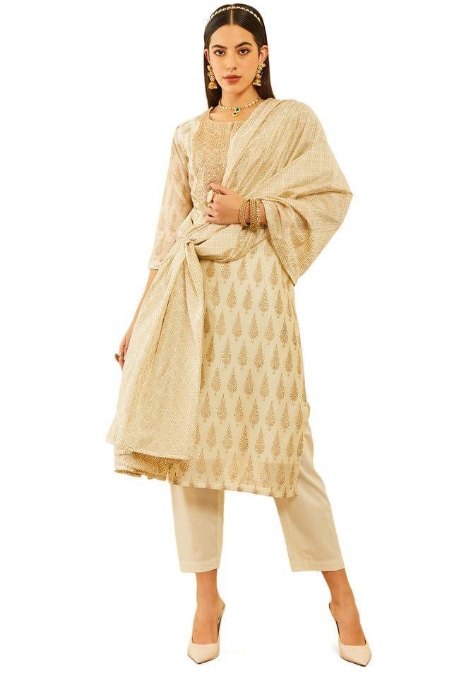 Soch Womens Off White Chanderi Sequinned Embellished Printed Suit Set