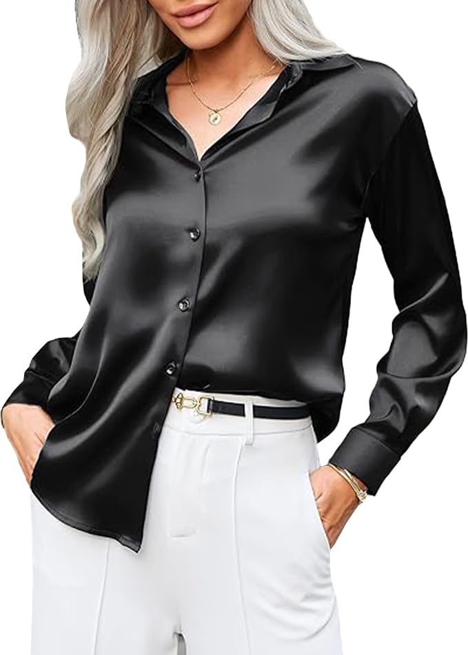 CB-COLEBROOK Womens Soft Satin Silk Button Down Shirts for Women Silky Long Sleeve Work Shirt Dress Blouses Tops (in, Alpha, S,