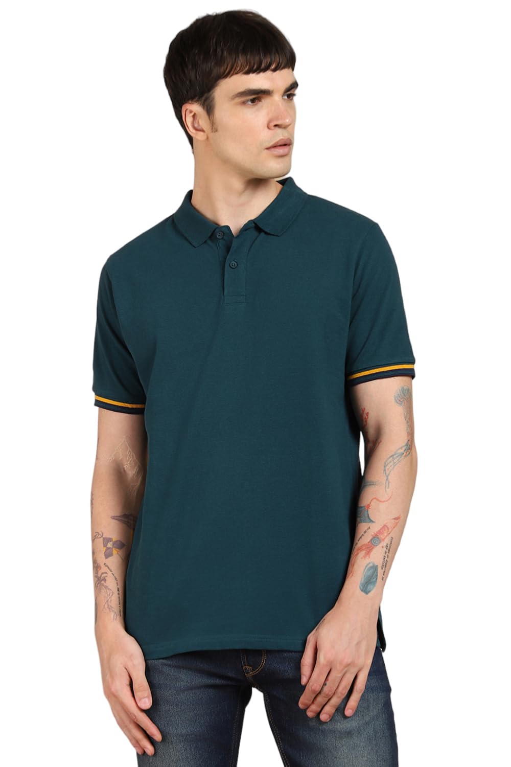 Dennis Lingo Mens Cotton Teal Solid Polo Neck T-Shirt