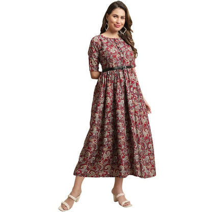Preneum WomenS Georgette Floral Printed 3/4 Slevees A-Line Fit & Flare Gown With Beltindo-Western Ethnic Gown || A-Line Maxi Dr