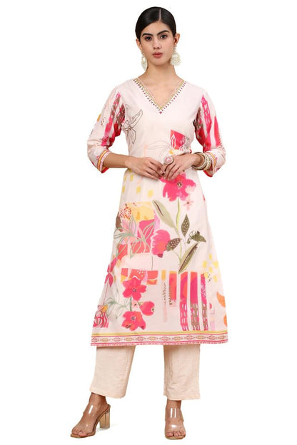 Soch Womens Cream Floral Printed Muslin Blend Kurta Set