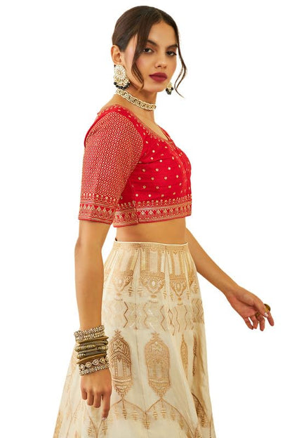 Soch Womens Red Tussar Sequin Embellished and Embroidered Front-Open Blouse