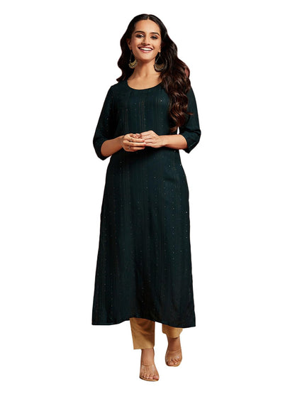 Libas Green Woven Design Rayon Straight Kurta