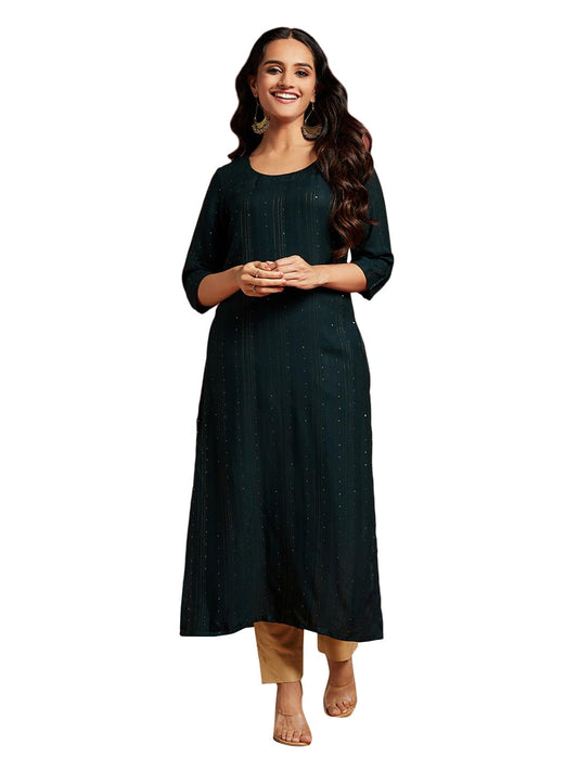 Libas Green Woven Design Rayon Straight Kurta