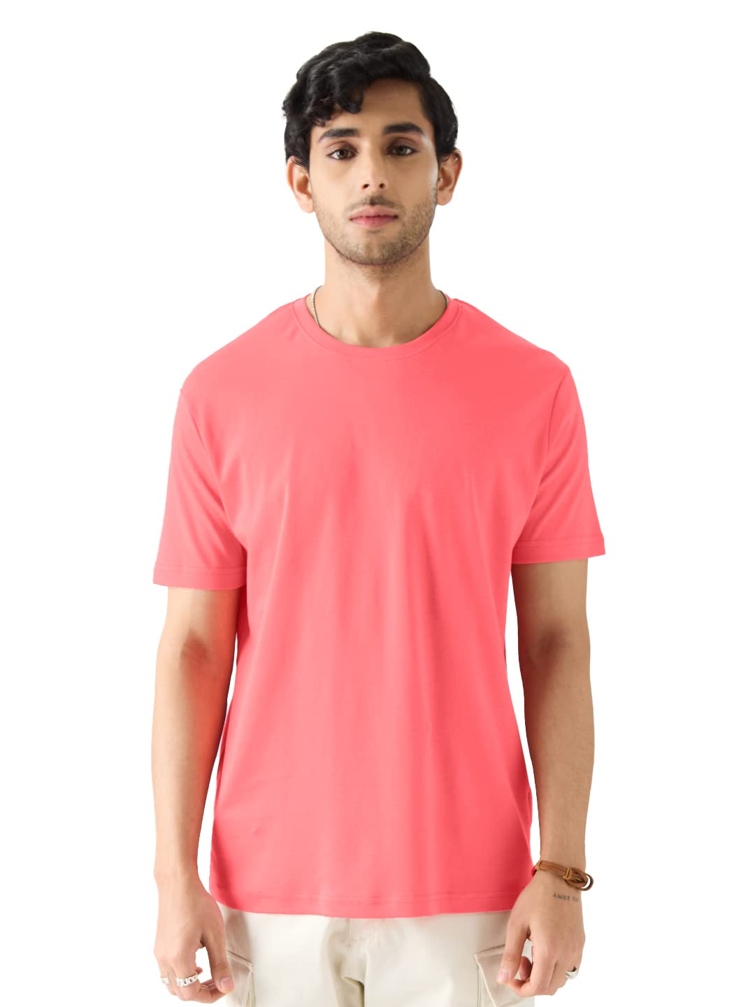 The Souled Store Supima: Watermelon Men and Boys Regular fit Solid Half Sleeve Cotton Red Color Men Supima T-Shirts