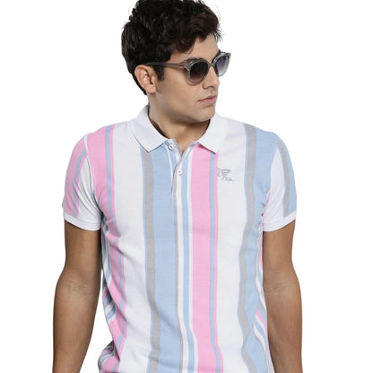 The Indian Garage Co Men Slim Fit Striped Polo Collar Tshirt Sky Blue