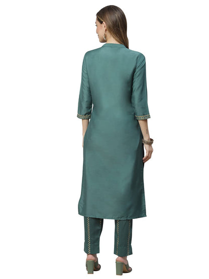 ZIYAA Women Women's Green Color Chinon Straight Kurta And Pant Set