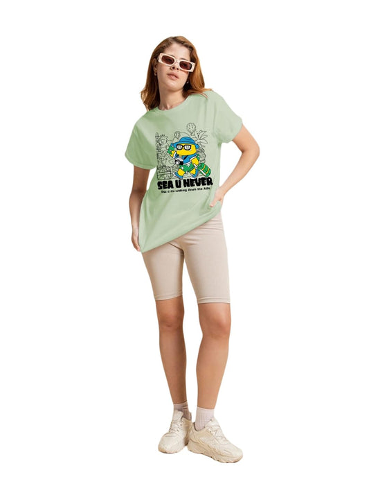 Bewakoof WomenS Sea U Never Graphic Print Cotton T-Shirt- Boyfriend Fit, Round Neck, Half Sleeves 585491_Green_2Xl