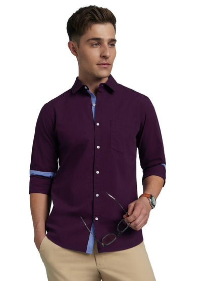 Dennis Lingo Men Solid Spread Collar Full Sleeves Regular Fit Casual Shirt Dark Purple