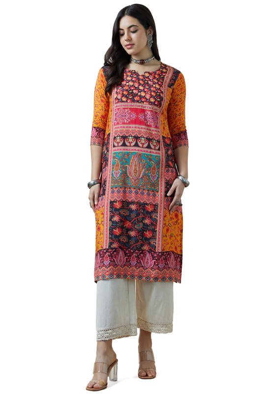 Soch Womens Mustard Viscose Muslin Ethnic Motifs Kurta With Sequins