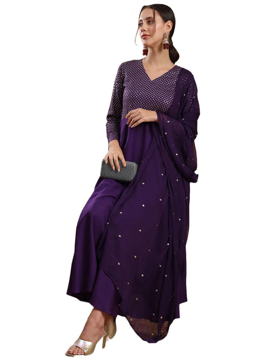 GoSriKi Women's Viscose Rayon Mukaish Work Anarkali Kurta with Pant & Dupatta