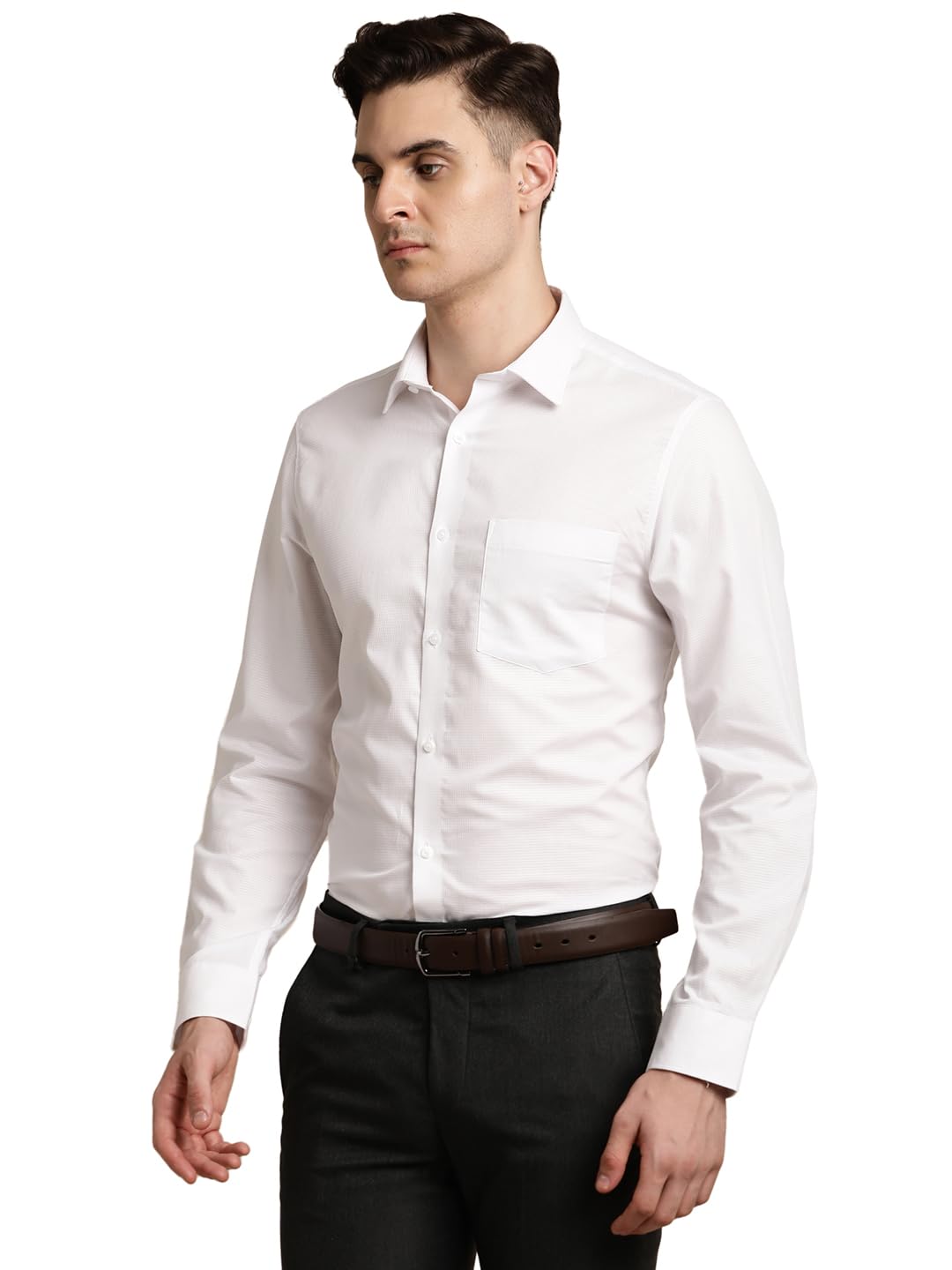 Turtle Men 100% Cotton White Self Design Slim Fit Formal Shirt