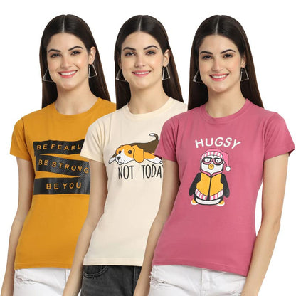 Preneum Womens Cotton Regular Fit Latest Graphic Stylish Printed Short Sleeves Casual T-Shirt || Latest Trendy & Style (Pack 3)
