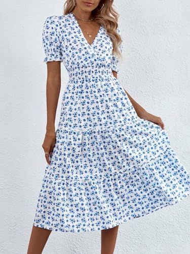 KOTTY Womens Fit and Flare Printed Dress Off White Blue