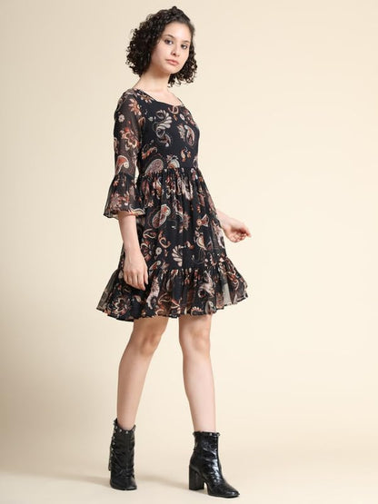 Toochki WomenS Black Georgette Paisley Print Fit & Flared Western Dress | Dress For Women | A Line Dress | Winter Dress | Weste