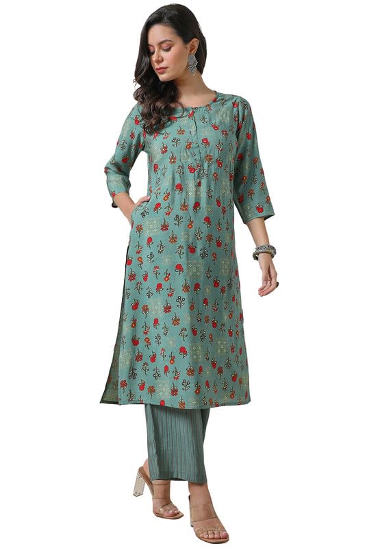 Soch Womens Turquoise Blue Muslin Blend Floral Print Kurta Set With Faux Mirror