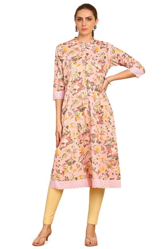 Soch Womens Pink Floral Printed Cotton Flex Mandarin Collar Kurta With Lace