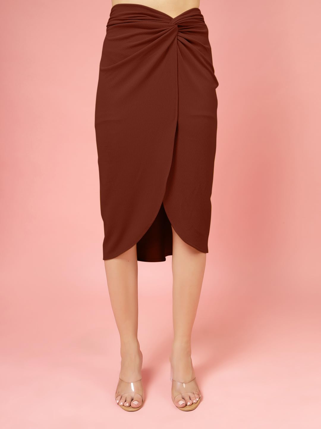 OOMPH! Ribbed Lycra Sarong Style Skirt, Brown - msk253