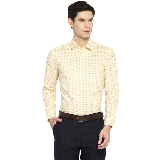 Turtle Men Cotton Linen Light Yellow Slim Fit Printed Shirts