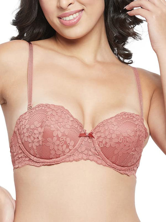 Clovia Womens Lace Level 3 Push-Up Underwired Demi Cup Balconette Bra (Br2350R22_Pink_38B)