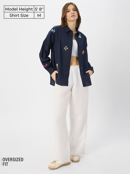 The Souled Store Gardenia Women and Girls Long Sleeve Collared Neck Button Down Boyfriend Shirts Navy Blue