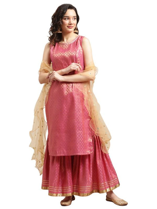 Varanga Women Pink and Gold Brocade Sleeveless Kurta Sharara Set with Sequins Ruffle Dupatta.