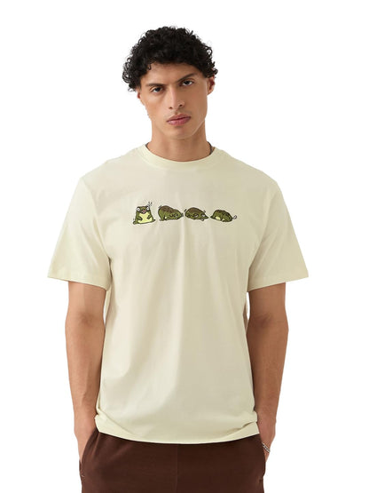 The Souled Store Relaxed T-Shirt: Tired Frog Men and Boys Short Sleeves Round Neck Green Embroidered Cotton Relaxed Fit T-Shirts