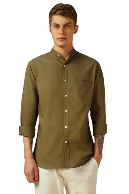 Dennis Lingo MenS Lt Olive Full Sleeve Mandarin Collar Solid Regular Fit Casual Shirt