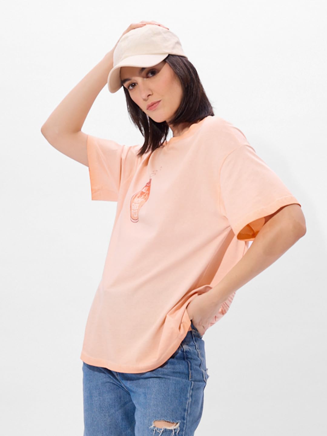 The Souled Store Hot Girl Fizz Women and Girls Short Sleeve Round Neck Black Graphic Printed Cotton Oversized T-Shirts