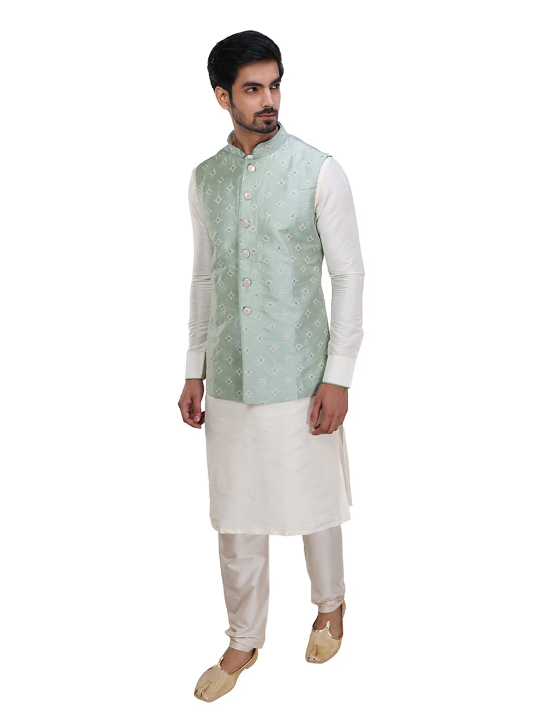 Manyavar Green Art Silk Embroidered Celebration Kurta Jacket Set With Mandarin Collar