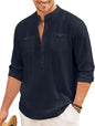 Macsivo Cotton Blend Solid Casual Short Kurta For Men Long Sleeve Mandarin Collar Stylish Shirt Kurta For Men Navy