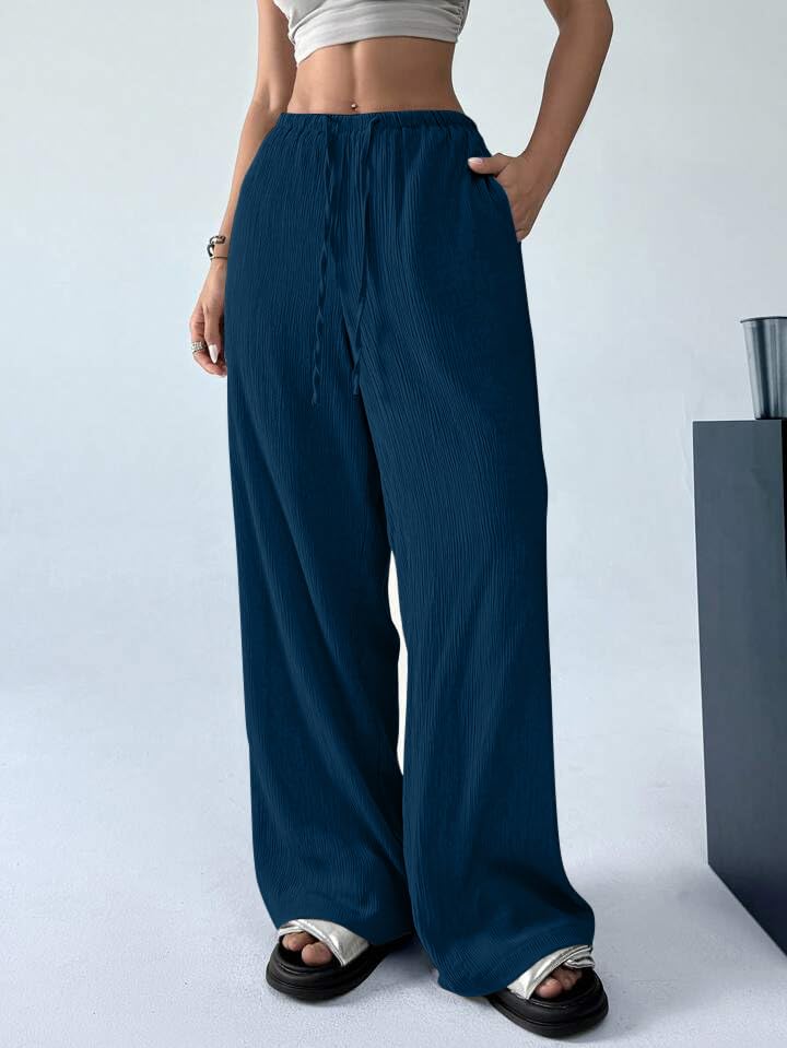 Greciilooks WomenS Loose High Rise Trouser | High-Waist Korean Pants | Formal Track Pant | Cargo Style Baggy Trendy Dark Blue