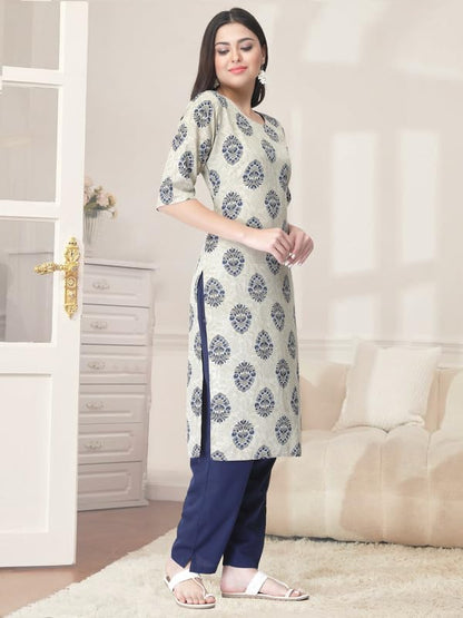 Pinkmint Kurta Set for Women Cotton Printed Straight Kurta with Pant (Pack of 1)