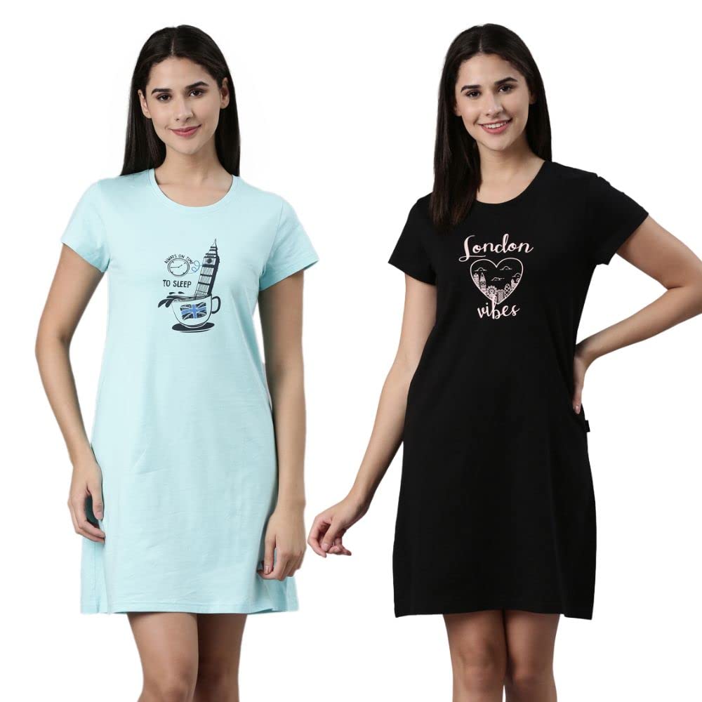 Pepe Jeans Cotton Knee-Length Nighty, Nightdress, Gown For Women | Comfortable Soft Printed Sleepwear - Mint|Black - L (Pack Of 