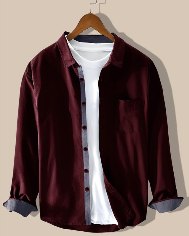 Pinkmint Men Cotton Soild Spread Collar Long Sleeve Shirt Formal Wear Maroon