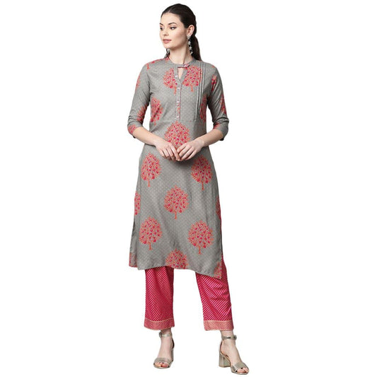 anubhutee Women's Grey & Pink Printed Straight Kurta Suit Set with Pants