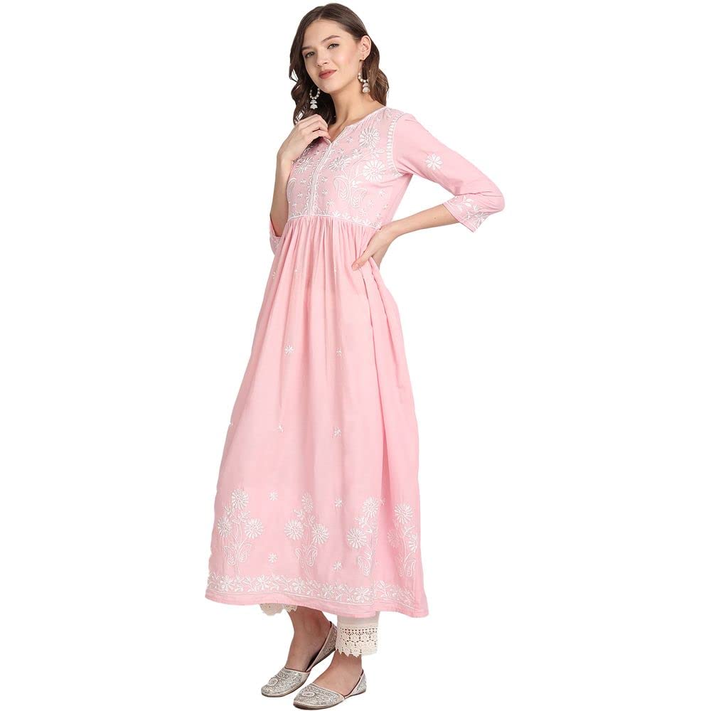 anubhutee Women Pink Floral Yoke Design Pleated Pure Cotton A-Line Kurta Suit Set with Pants