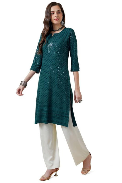 Soch Womens Teal Rayon Embroidered Straight Kurta With Sequins