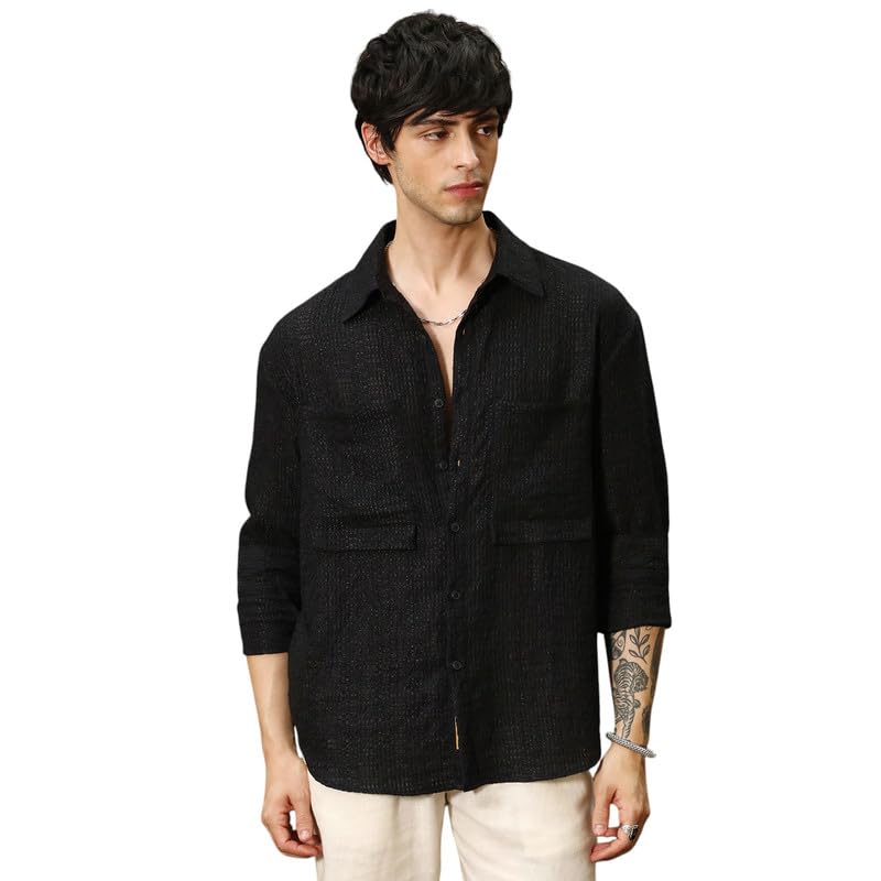 Campus Sutra Mens Midnight Black Straw-Tactile Utility Oversized Shirt for Casual Wear | Spread Collar | Long Sleeve | Button C