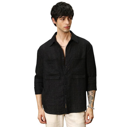 Campus Sutra Mens Midnight Black Straw-Tactile Utility Oversized Shirt for Casual Wear | Spread Collar | Long Sleeve | Button C