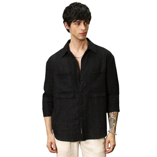 Campus Sutra Mens Midnight Black Straw-Tactile Utility Oversized Shirt for Casual Wear | Spread Collar | Long Sleeve | Button C
