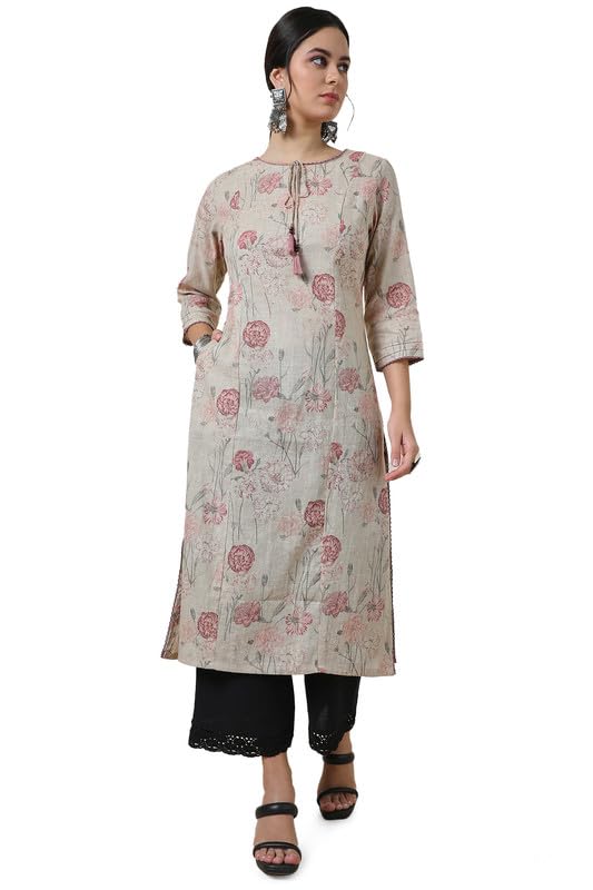 Soch Womens Beige Linen Floral Print Panelled Kurta with Tassels